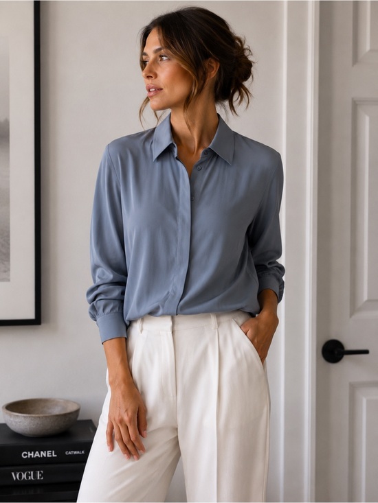 Jeremy braemar Tops - NWT Deadstock Vintage Jeremy Braemar 100% Silk Blouse Dusty Powder Blue S